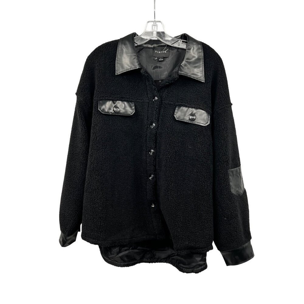 Timing Womens Sherpa Fleece Jacket Faux Leather Trim Black Size Large New Button